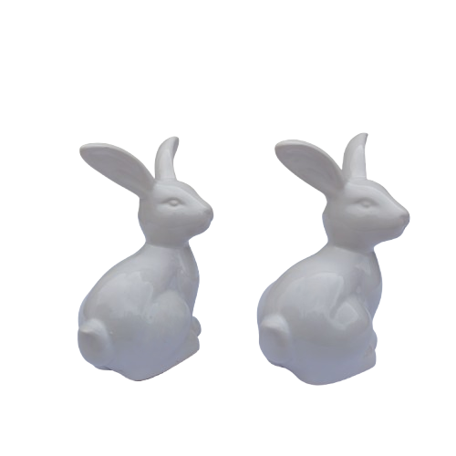 Pair White Ceramic Sitting Rabbit Hare Bunny