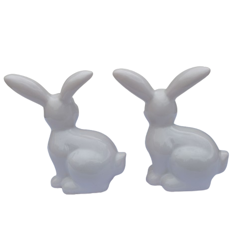 Pair White Ceramic Sitting Rabbit Hare Bunny