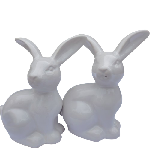 Pair White Ceramic Sitting Rabbit Hare Bunny
