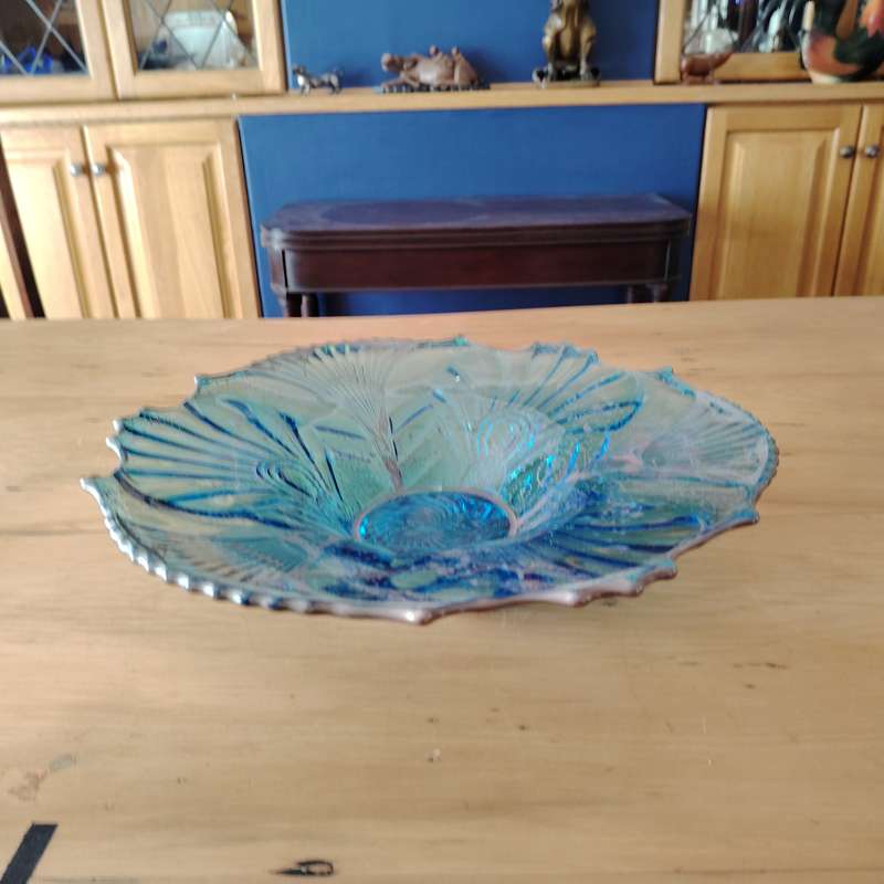 Impressive Vintage Glass Flower Blue and Silver Footed Bowl