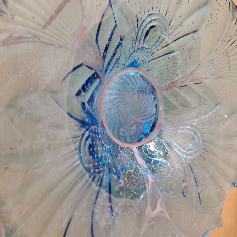 Impressive Vintage Glass Flower Blue and Silver Footed Bowl