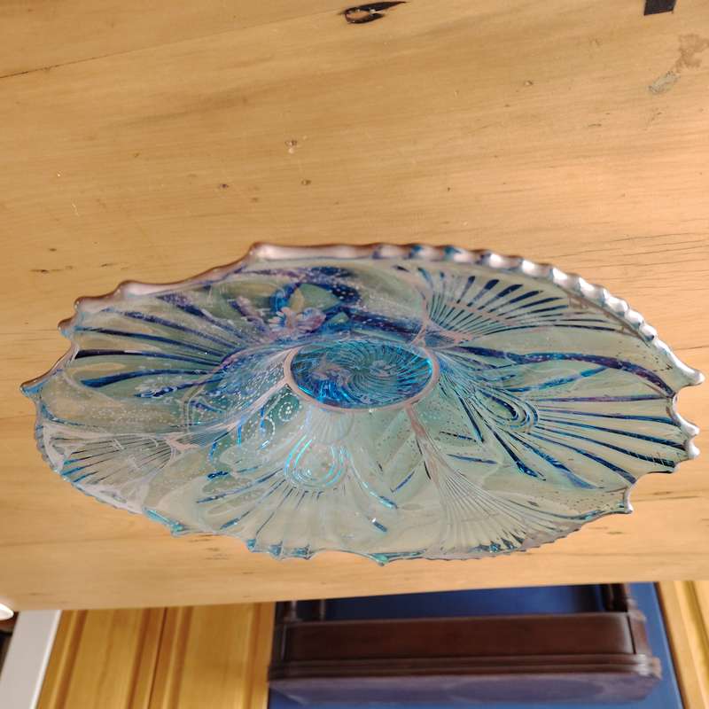 Impressive Vintage Glass Flower Blue and Silver Footed Bowl