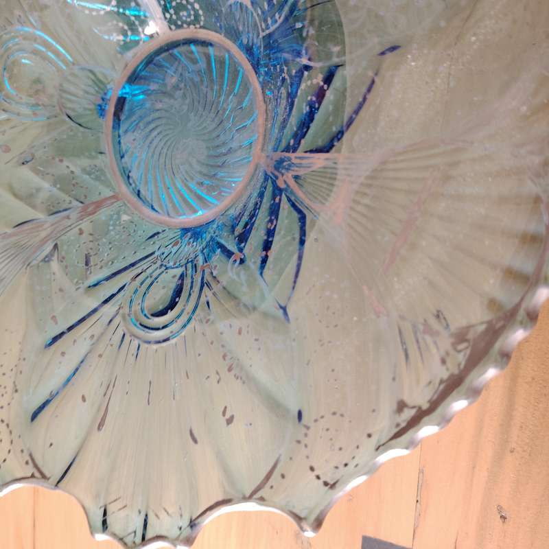 Impressive Vintage Glass Flower Blue and Silver Footed Bowl