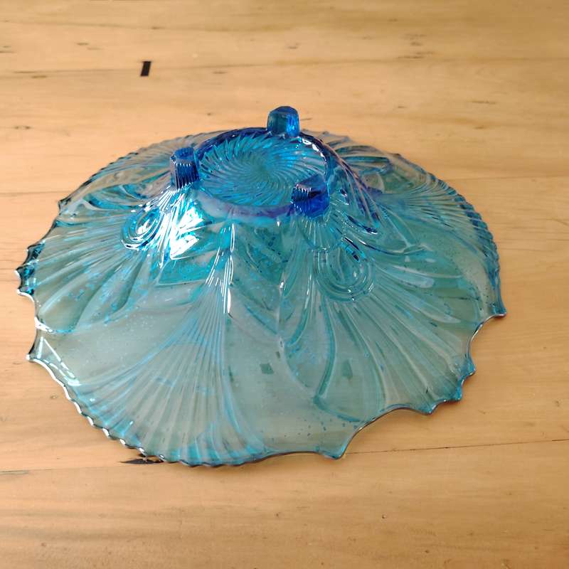 Impressive Vintage Glass Flower Blue and Silver Footed Bowl