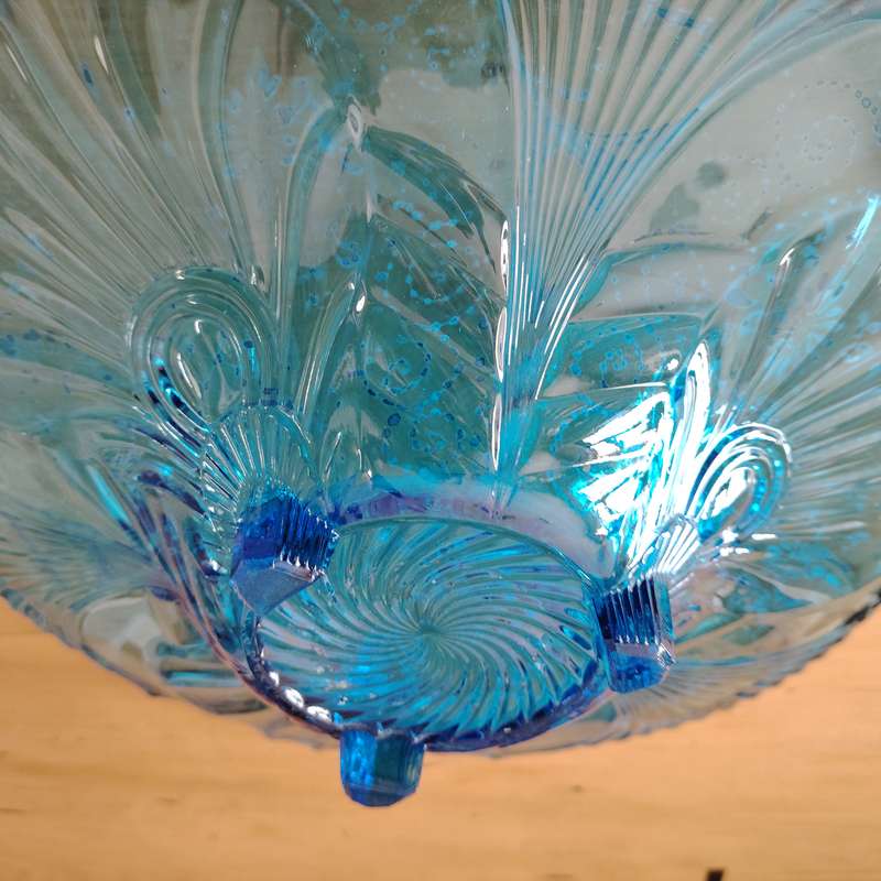 Impressive Vintage Glass Flower Blue and Silver Footed Bowl