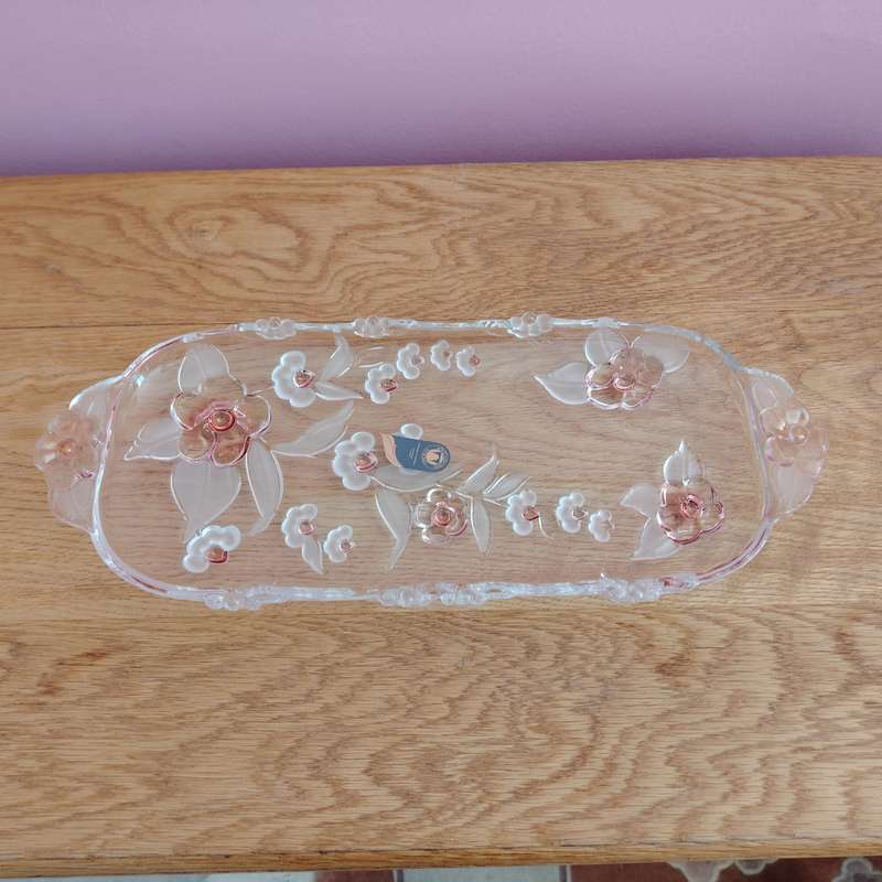 Walther Glass Trinket Pink Serving Platter tray Flower Pattern