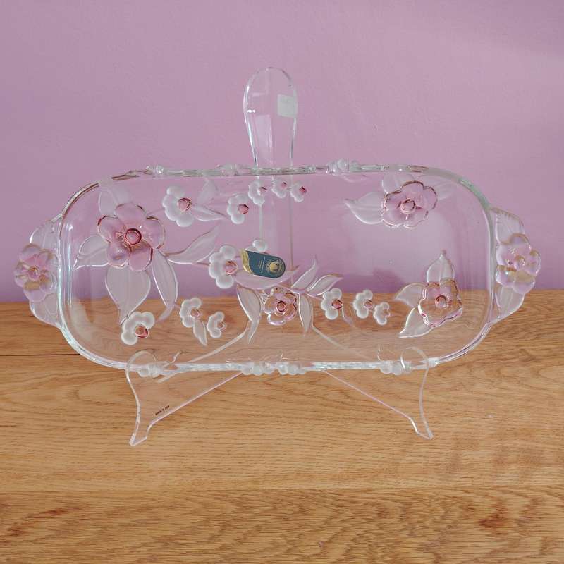 Walther Glass Trinket Pink Serving Platter tray Flower Pattern