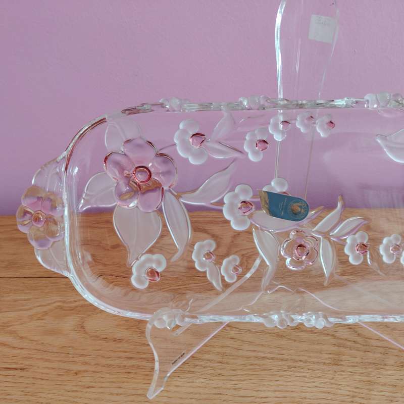 Walther Glass Trinket Pink Serving Platter tray Flower Pattern