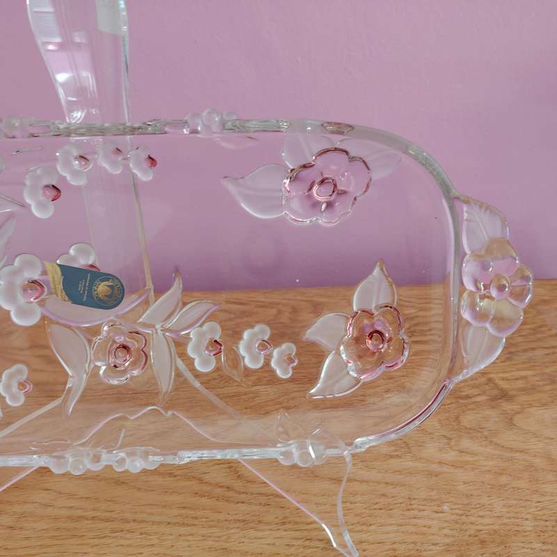 Walther Glass Trinket Pink Serving Platter tray Flower Pattern