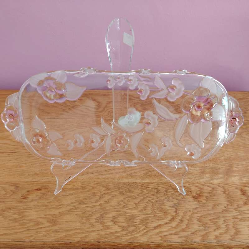 Walther Glass Trinket Pink Serving Platter tray Flower Pattern
