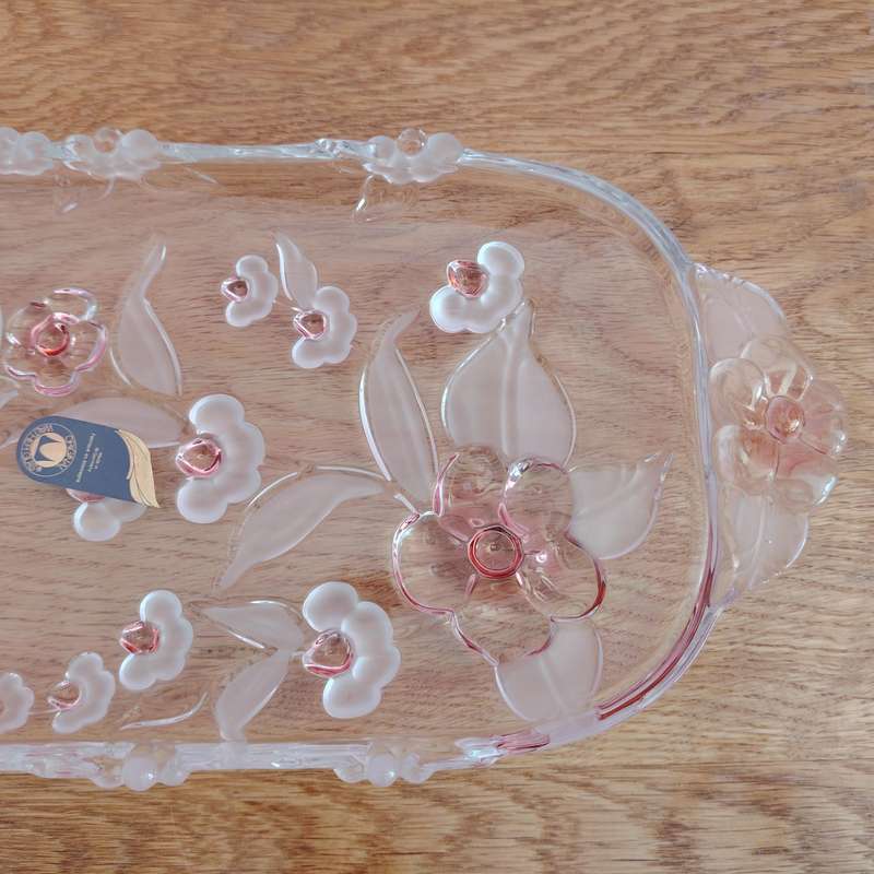 Walther Glass Trinket Pink Serving Platter tray Flower Pattern