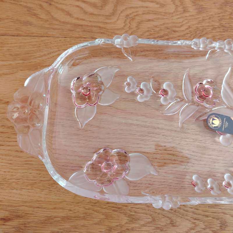 Walther Glass Trinket Pink Serving Platter tray Flower Pattern