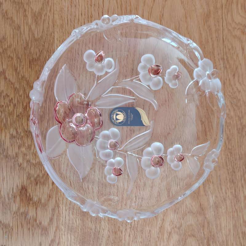 Walther Glass Trinket Pink dish bowl Flower Pattern