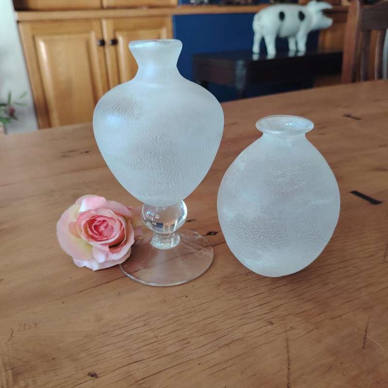 Two Frosted and Clear Glass Round and Stemmed Vases