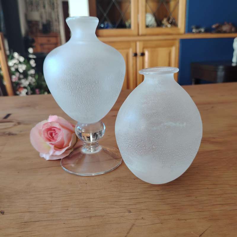 Two Frosted and Clear Glass Round and Stemmed Vases