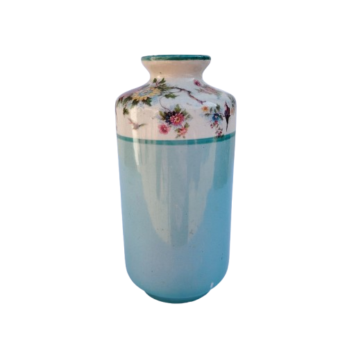 Beautiful Vintage Blue Vase with Foliage and Birds