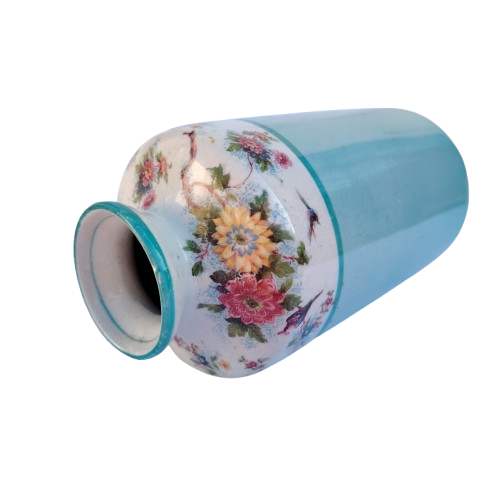 Beautiful Vintage Blue Vase with Foliage and Birds