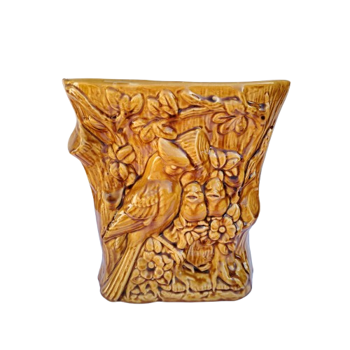 Vintage Treacle Glaze Pottery Vase Embossed Bird Feeding Chicks