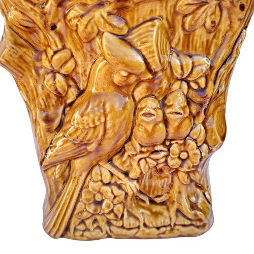 Vintage Treacle Glaze Pottery Vase Embossed Bird Feeding Chicks