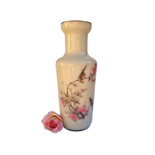 Coma Original Milky Cream Glass Japaneses Vase hand painted birds.