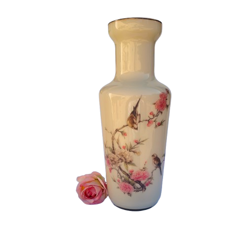 Coma Original Milky Cream Glass Japaneses Vase hand painted birds.