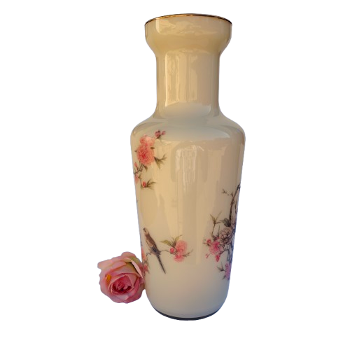 Coma Original Milky Cream Glass Japaneses Vase hand painted birds.