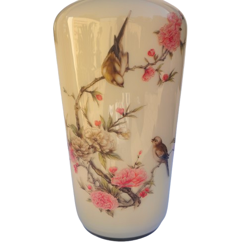 Coma Original Milky Cream Glass Japaneses Vase hand painted birds.
