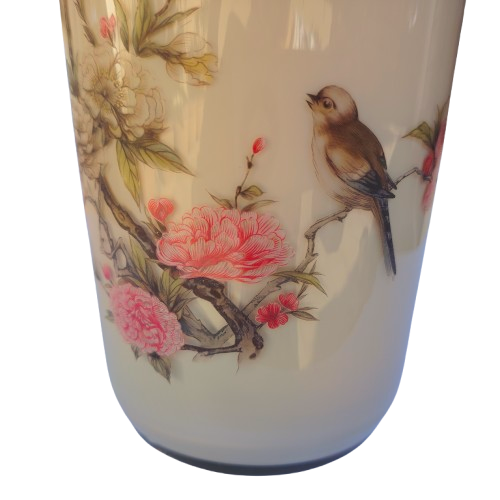 Coma Original Milky Cream Glass Japaneses Vase hand painted birds.