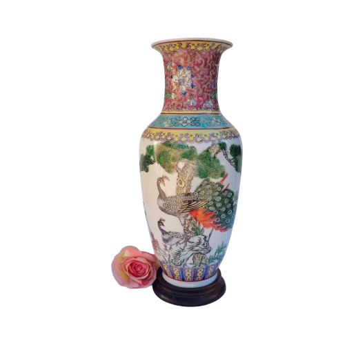 20th C Chinese Famille Rose Vase with Exotic Birds, Calligraphy Poem