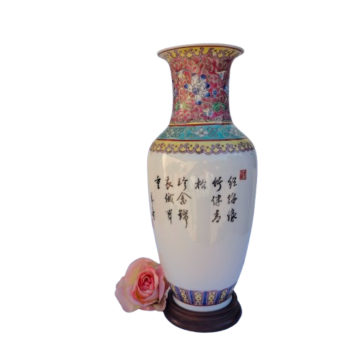 20th C Chinese Famille Rose Vase with Exotic Birds, Calligraphy Poem