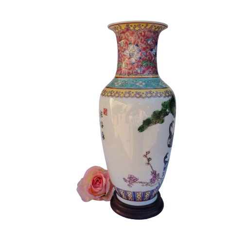 20th C Chinese Famille Rose Vase with Exotic Birds, Calligraphy Poem
