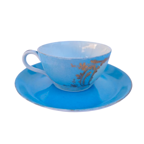 Lovely antique azure blue cherub cup and saucer in Sevres style.