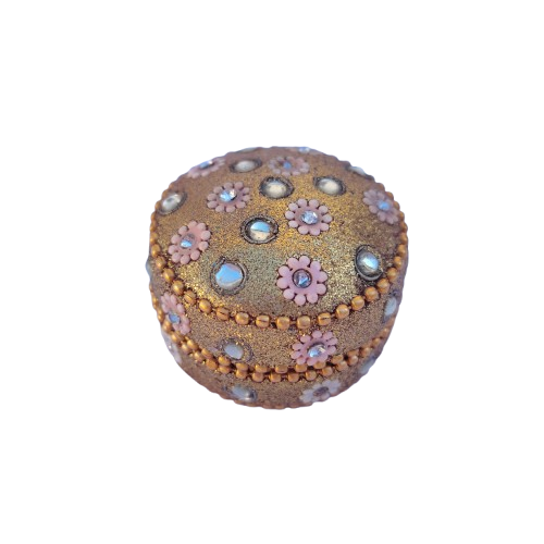 Round Gold with Clear Crystals and Pink Flowers Trinket Box