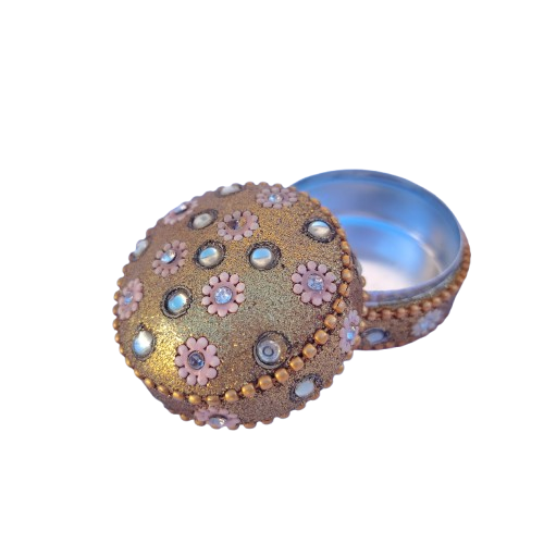 Round Gold with Clear Crystals and Pink Flowers Trinket Box