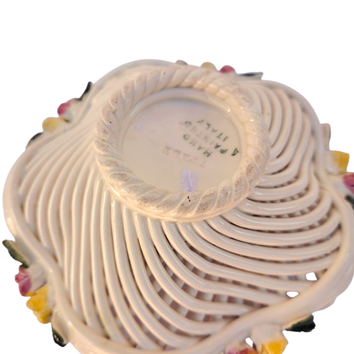 Vintage Italian Lattice Ceramic Floral Bowl Made it Italy