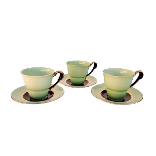 Carlton Ware 3 x Green Black and Gold Cups and Saucers