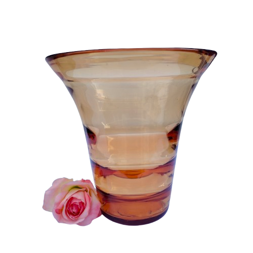 Whitefriars golden amber glass vase with horizontal optical ribbing