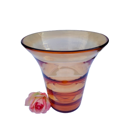 Whitefriars golden amber glass vase with horizontal optical ribbing