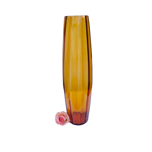 Huge Amber Italian Empoli Glass Ribbed Cylinder Vase