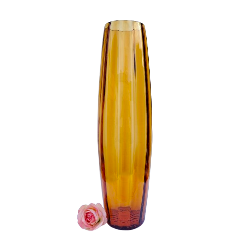 Huge Amber Italian Empoli Glass Ribbed Cylinder Vase