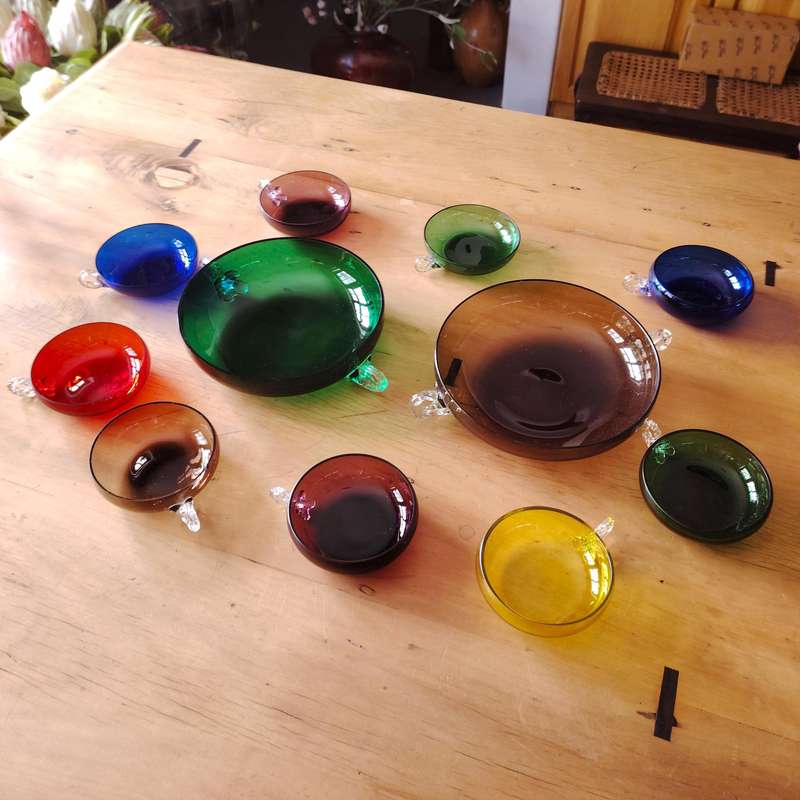 Dessert Cups and bowl in colored glass and stylized handles