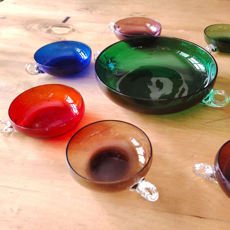 Dessert Cups and bowl in colored glass and stylized handles