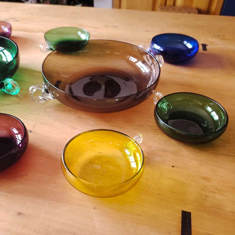Dessert Cups and bowl in colored glass and stylized handles