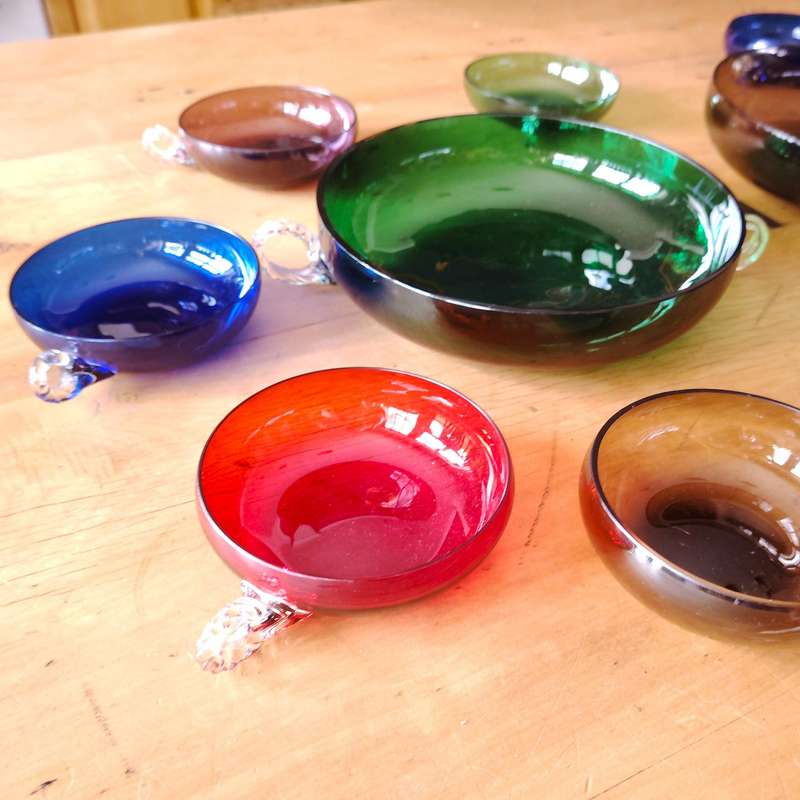 Dessert Cups and bowl in colored glass and stylized handles
