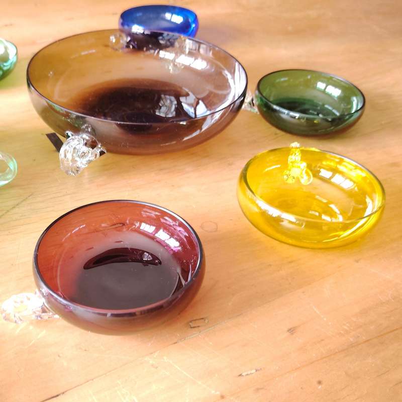 Dessert Cups and bowl in colored glass and stylized handles