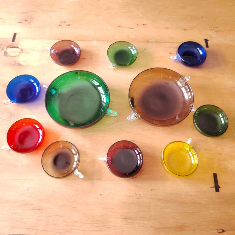 Dessert Cups and bowl in colored glass and stylized handles