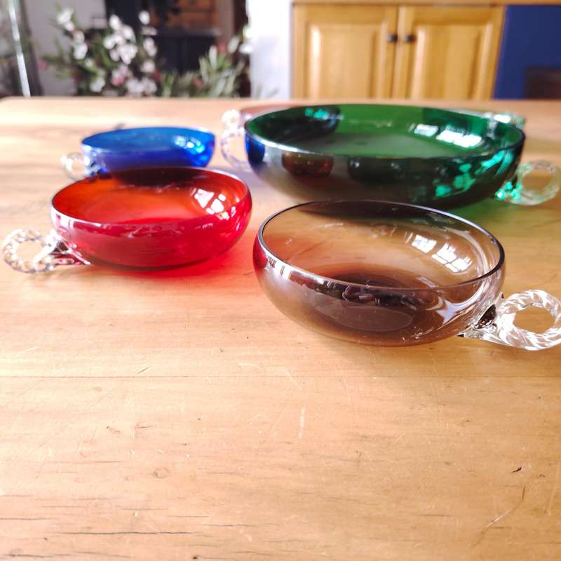 Dessert Cups and bowl in colored glass and stylized handles