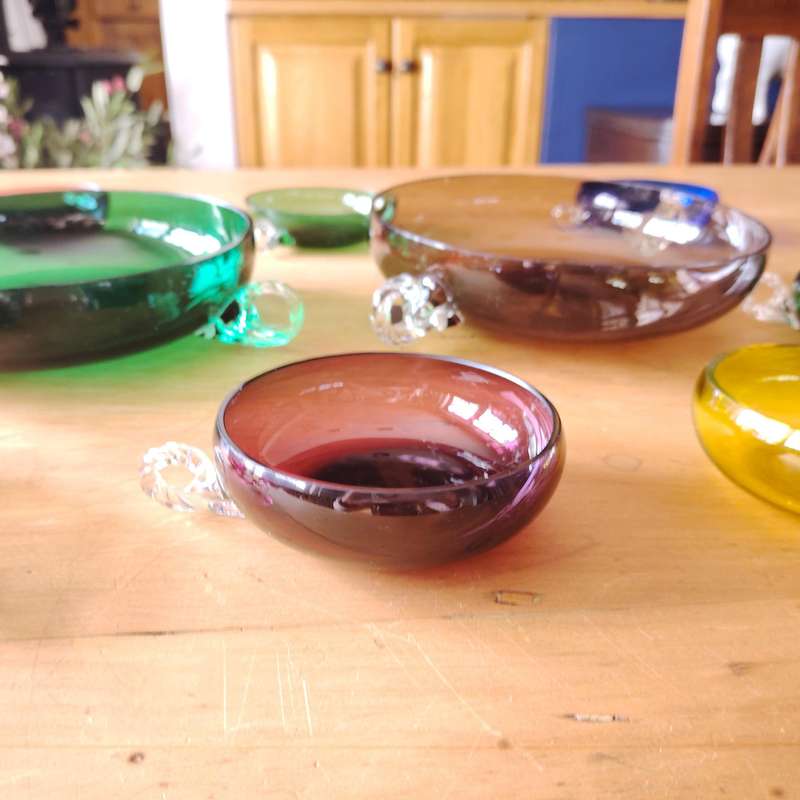 Dessert Cups and bowl in colored glass and stylized handles