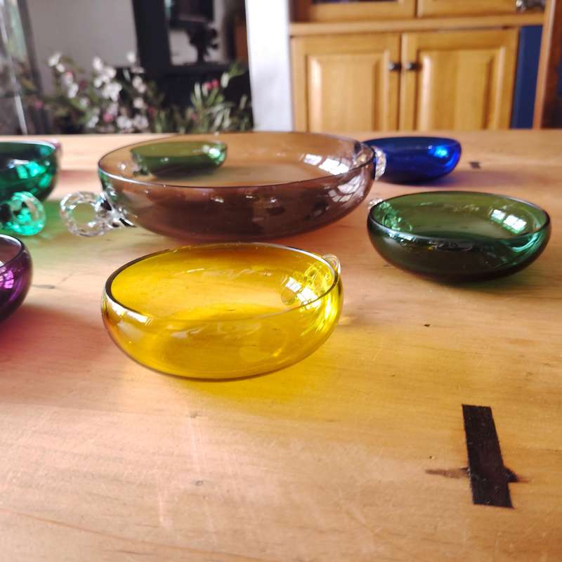 Dessert Cups and bowl in colored glass and stylized handles