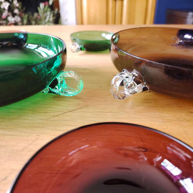Dessert Cups and bowl in colored glass and stylized handles